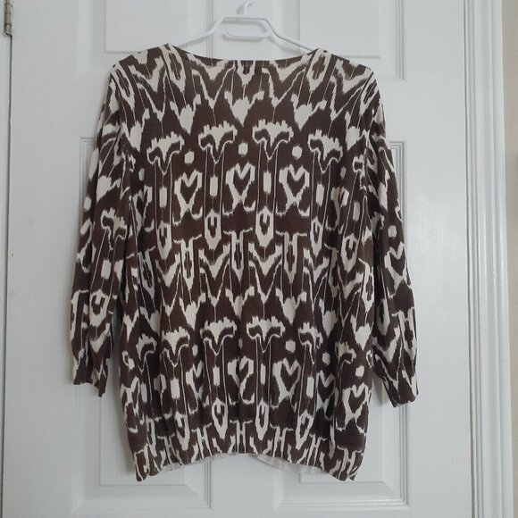 Talbots Women's Size 1X Brown Beige Ikat Pattern Cotton Silk Blend Cardigan - Picture 3 of 13